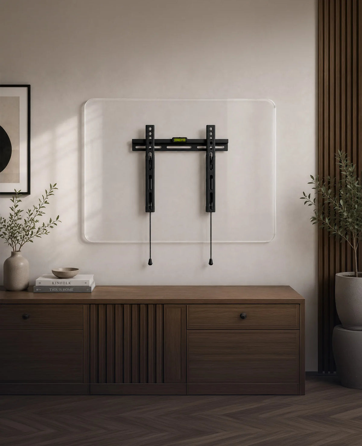 A minimalist product presentation of a slim TV wall mount, centrally mounted on a bright, modern wall. Behind the mount is a transparent acrylic panel with rounded corners, serving as a subtle presentation surface. The wall mount is shown from the front, clearly displaying its integrated spirit level, mounting rails, and safety release cords. A light wooden sideboard, subtle indoor plants, vertical wooden slats, and warm indirect lighting create a premium, contemporary living atmosphere.
