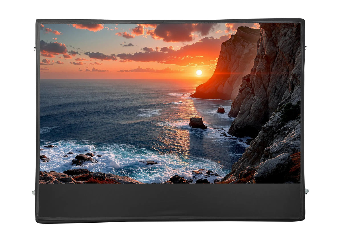 Frontal view of the celexon inflatable outdoor projection screen Economy INF with a projection of a Sunset on the coast