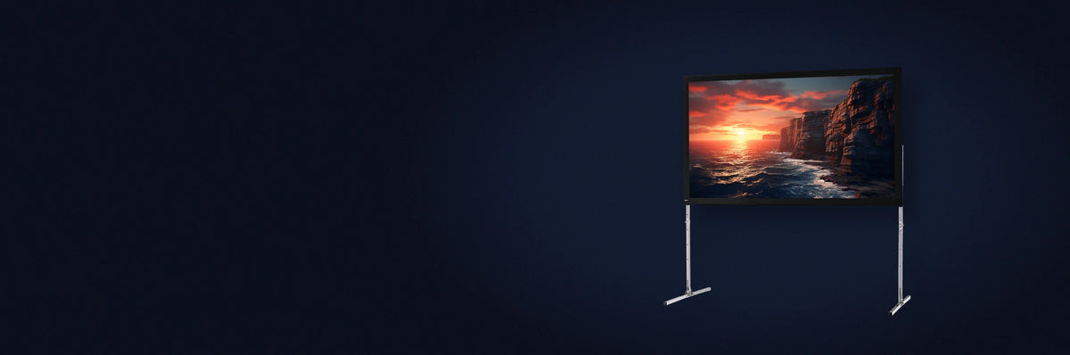 celexon Folding Frame Screen with a projection showing a sea coast with cliffs at sunset on a dark blue background