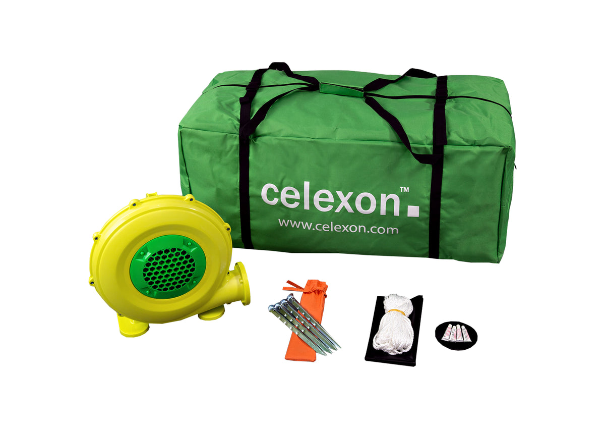 Carrying bag, Electric pump fan, Bracing accessories (ropes and pegs) and Repair kit (patch for frame and cloth) for the celexon inflatable outdoor projector screen INF200