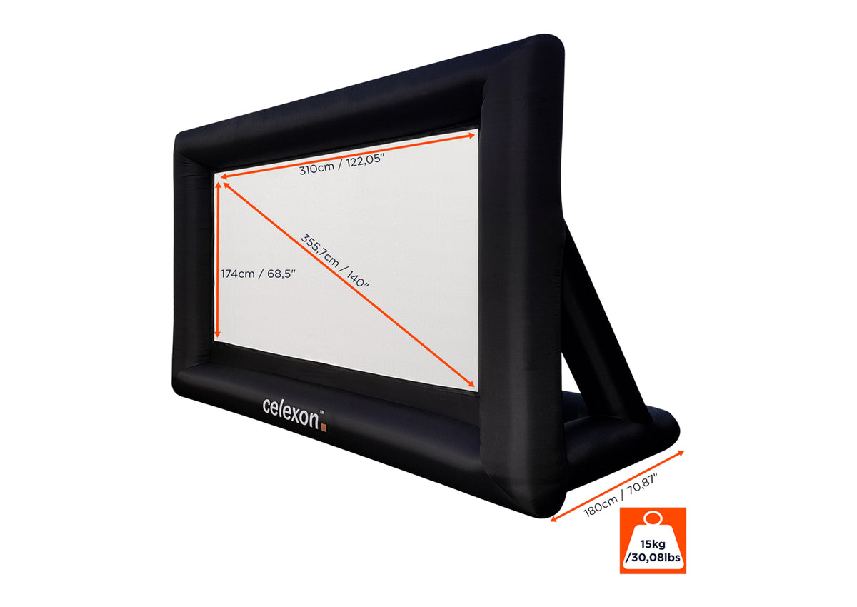 Frontal side view of the celexon inflatable outdoor projector screen INF200 without projection but with screen dimensions indicated