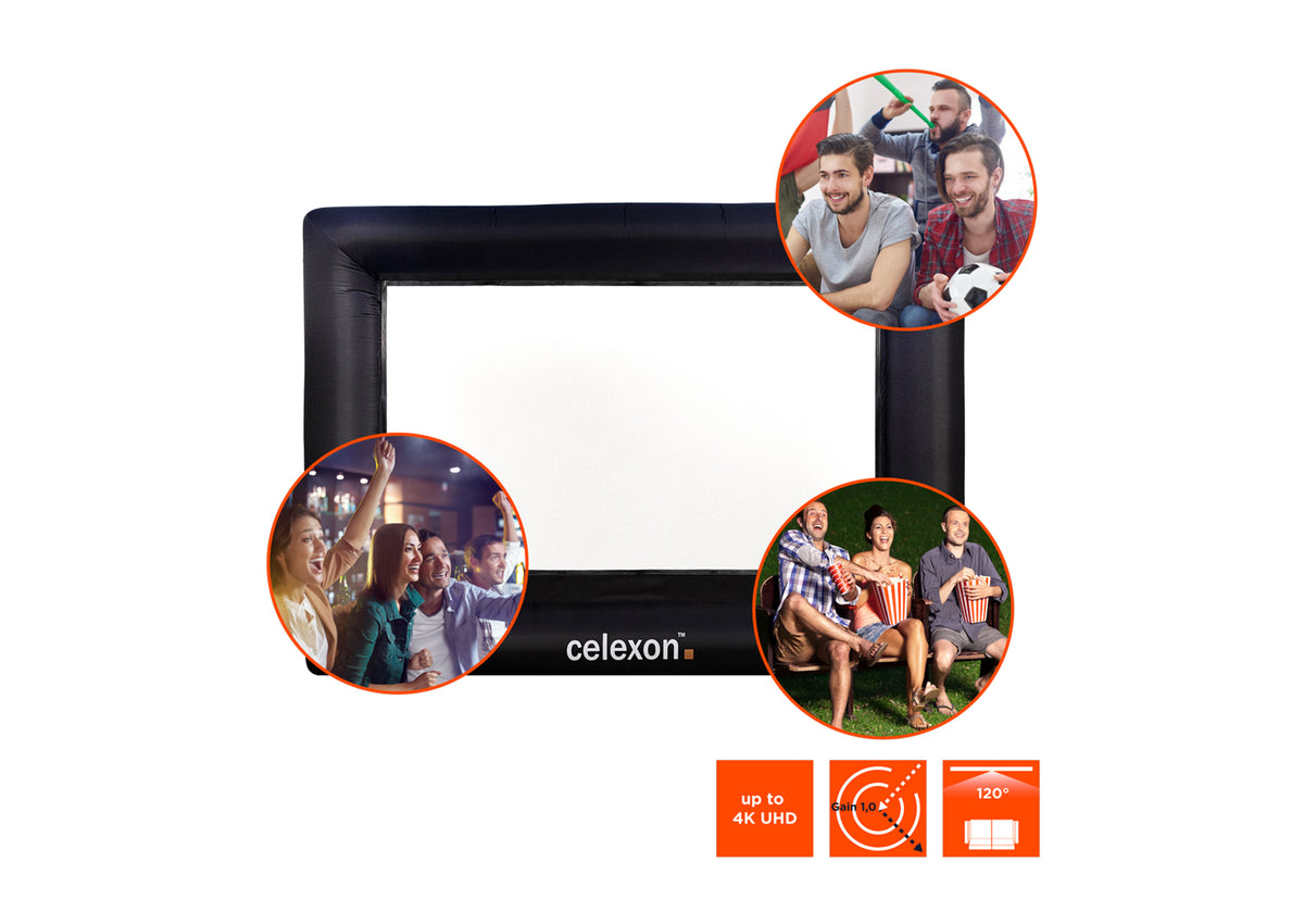 Front view of the celexon inflatable outdoor projector screen INF200, complemented by circular inset scenes showing various use cases such as public viewing, gaming, movie nights, and outdoor film screenings. Technical specifications are displayed as orange icons below the screen.