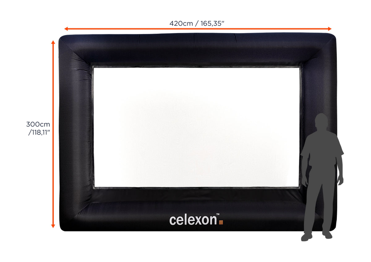 Frontal view of the celexon inflatable outdoor projector screen INF200 without projection but with screen dimensions indicated and with a dark grey human-silhouette