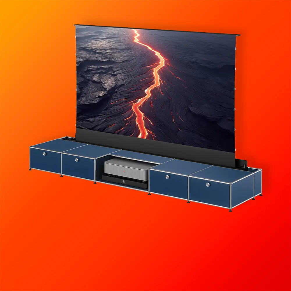 celexon|USM|Leica Cine Collection Laser tv furniture in blue on an orange background