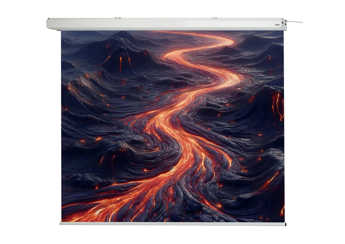 Frontal view of the celexon Electric Expert screen with a projection showing volcanic rock with lava