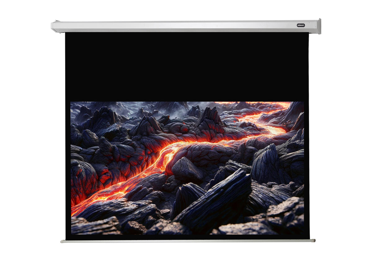 Frontal view of the celexon Projector screen Electric Economy with a projection showing volcanic rock with lava