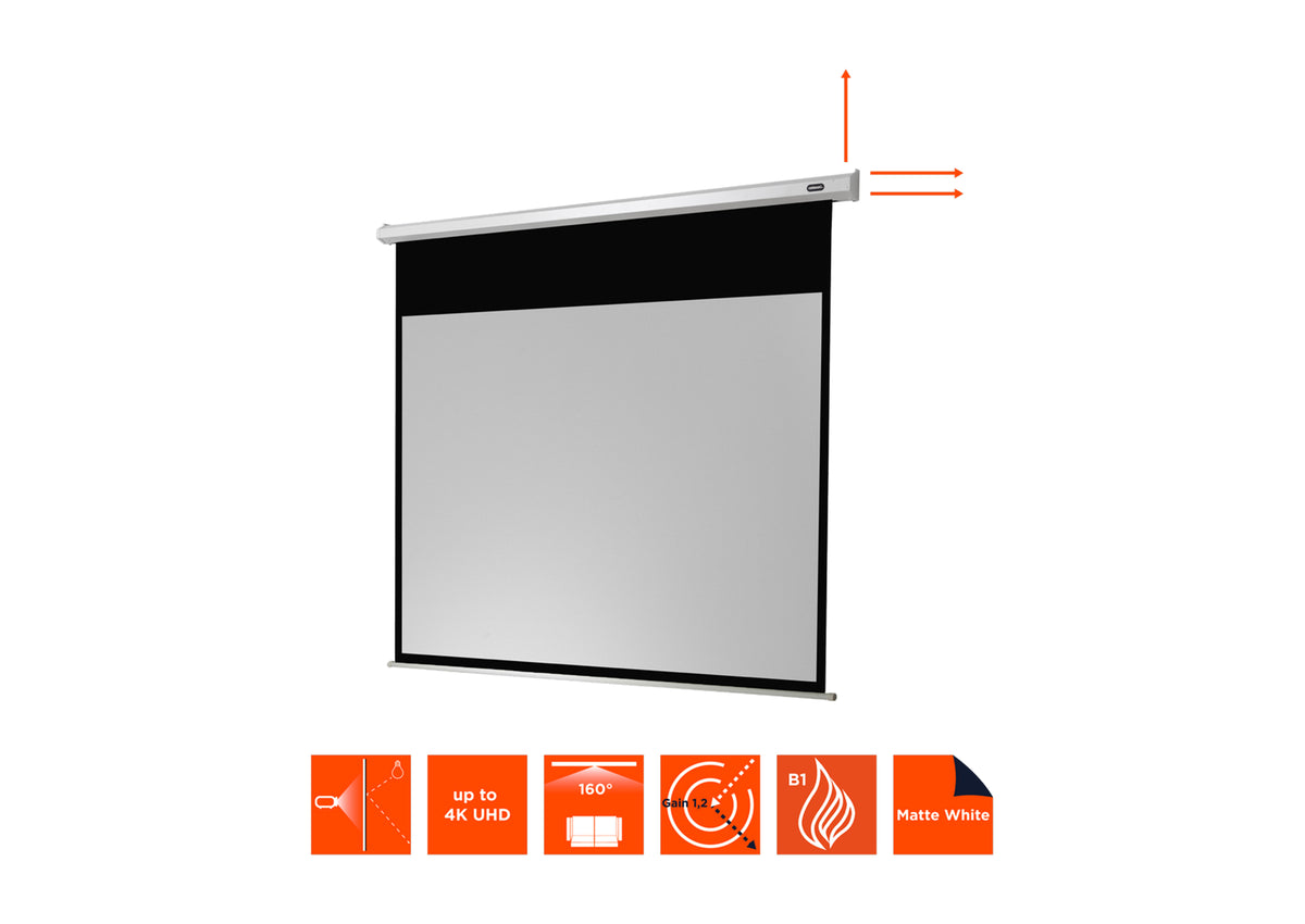 Frontal angled view of the celexon Projector screen Electric Economy without projection, but with screen dimensions indicated