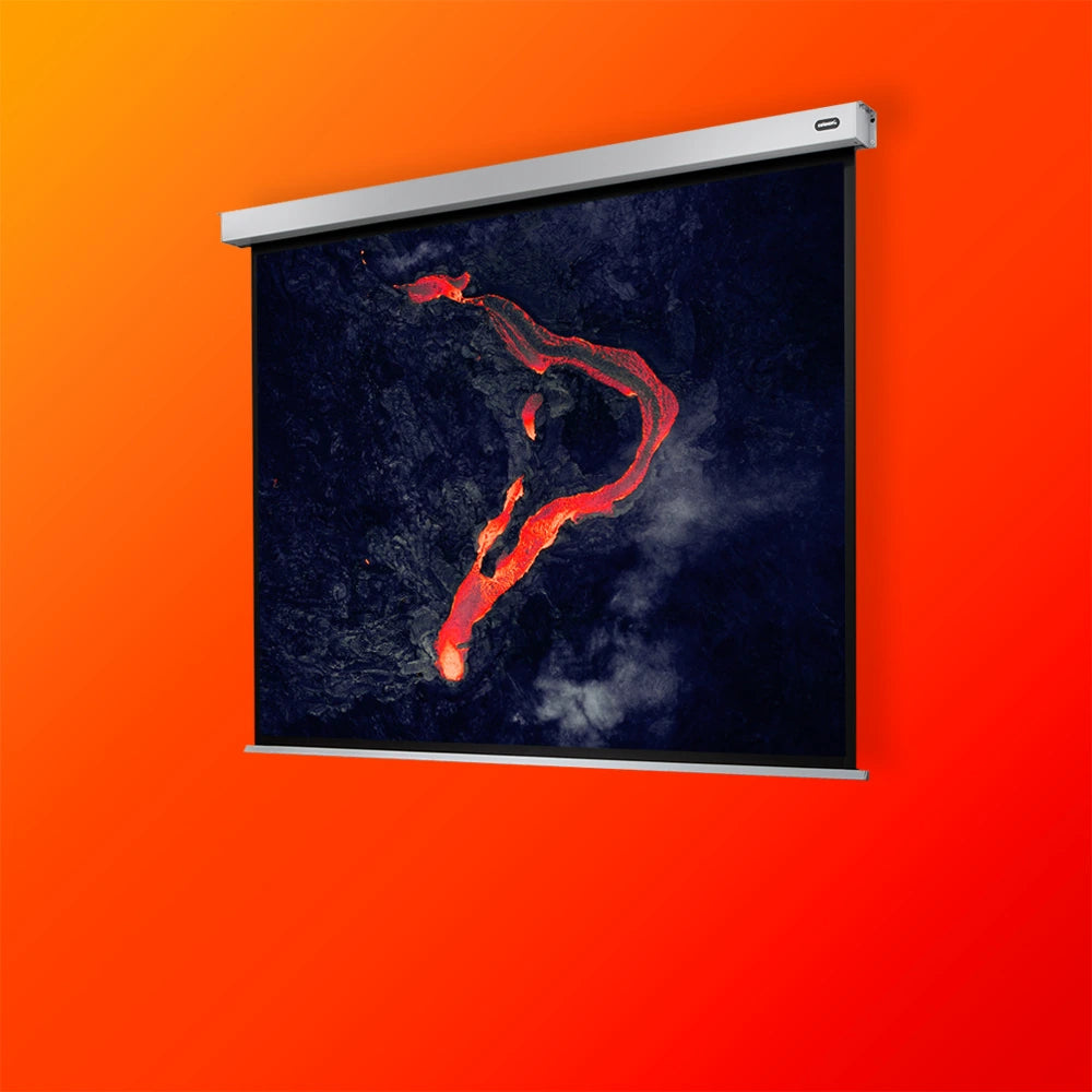 celexon Electric Projector Screen, with a projection showing volcanic rock with lava, placed on an orange background