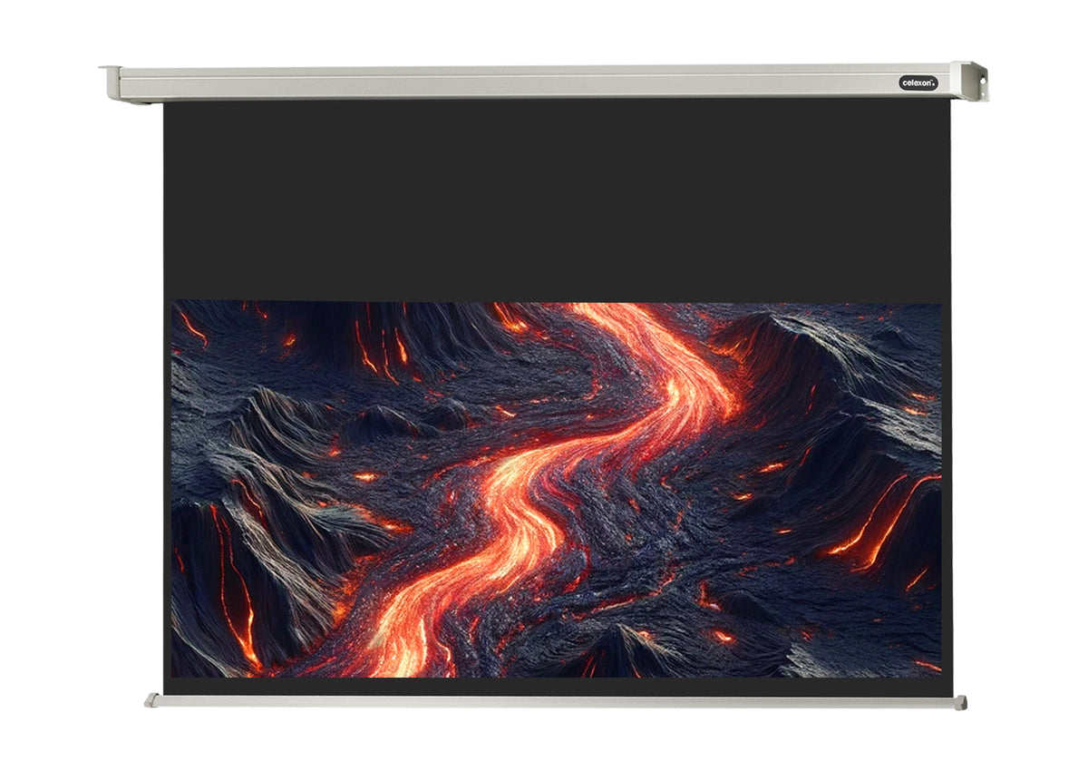 Frontal view of the celexon Projector screen Electric Professional showing a projection of volcanic rock with lava