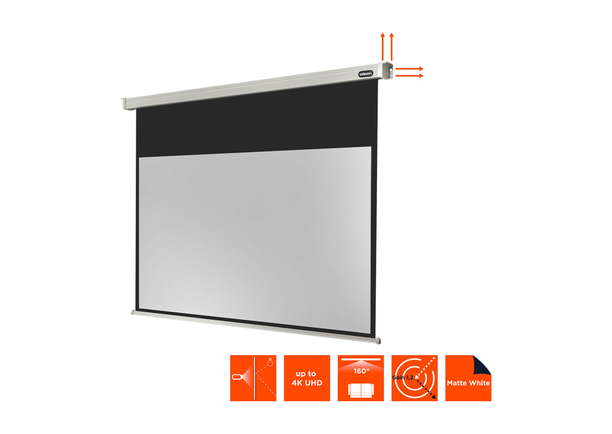 Frontal side view of the celexon Projector screen Electric Professional without projection, but with technical specs shown as orange icons