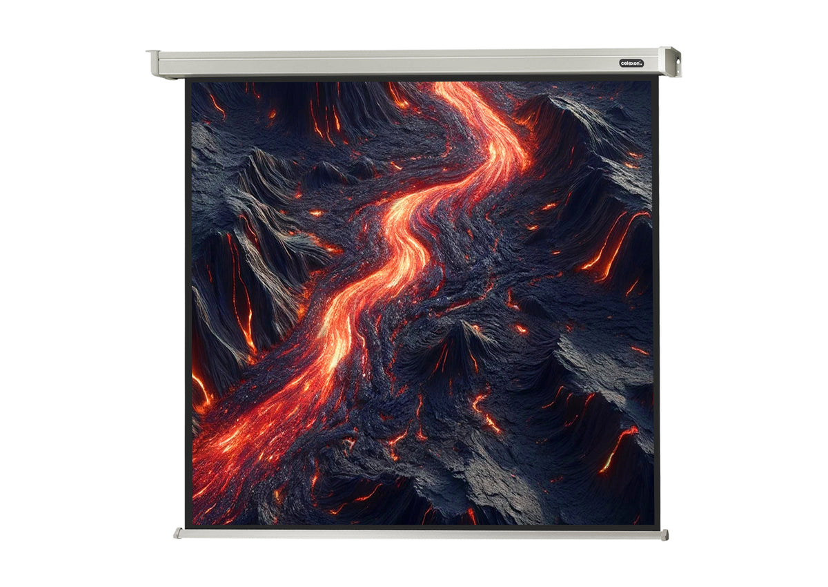 Frontal view of the celexon Projector screen Electric Professional showing a projection of volcanic rock with lava