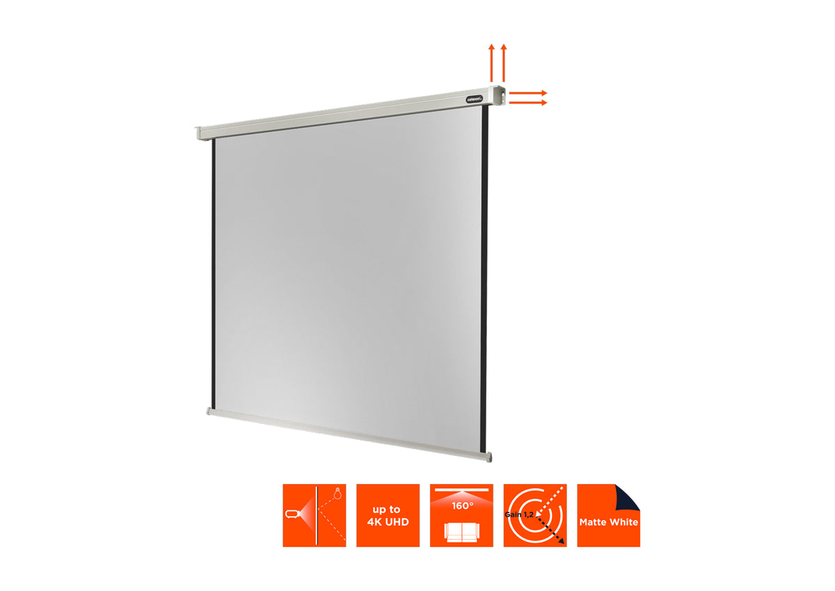 Frontal side view of the celexon Projector screen Electric Professional without projection, but with technical specs shown as orange icons