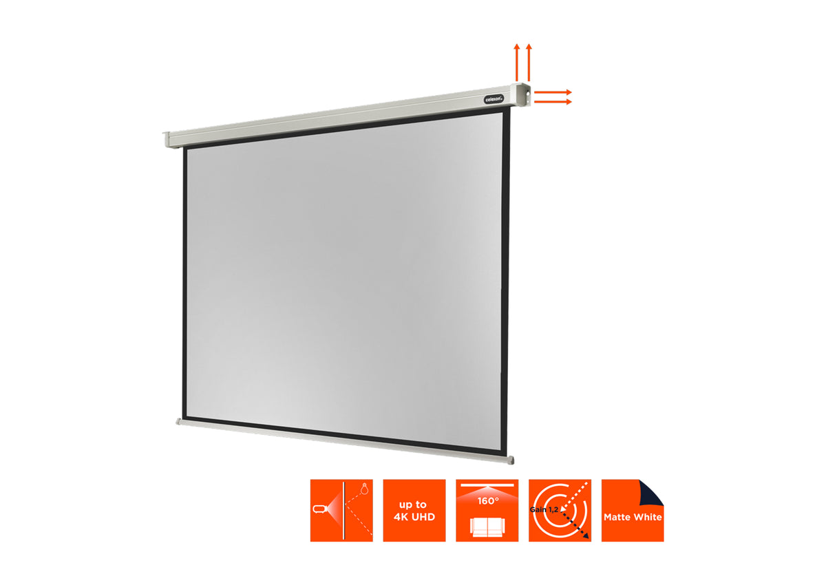 Frontal side view of the celexon Projector screen Electric Professional without projection, but with technical specs shown as orange icons
