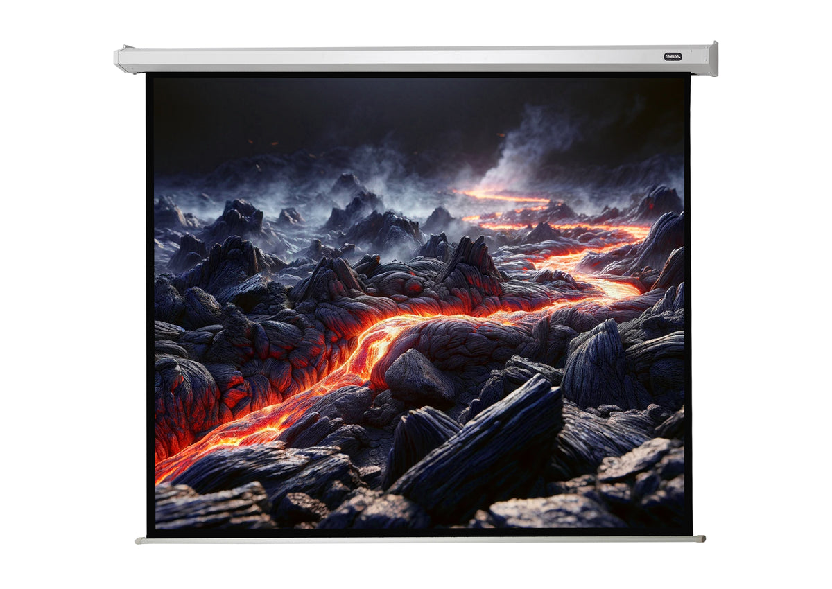 Frontal view of the celexon Projector screen Electric Economy with a projection showing volcanic rock with lava