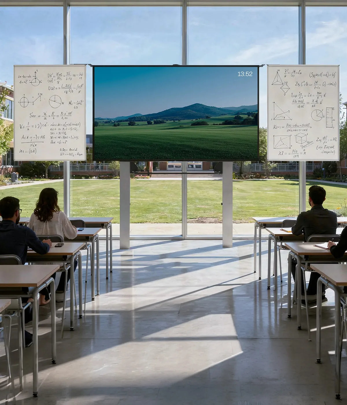 The image shows a modern classroom with large window fronts overlooking a well-maintained campus. In the center stands a large celexon Expert manual 2-column pylon system Adjust-W with a digital display showing a calm landscape of green fields and rolling hills, while traditional whiteboards on the left and right are covered with mathematical formulas and sketches. Several students are seated at tables, facing forward.