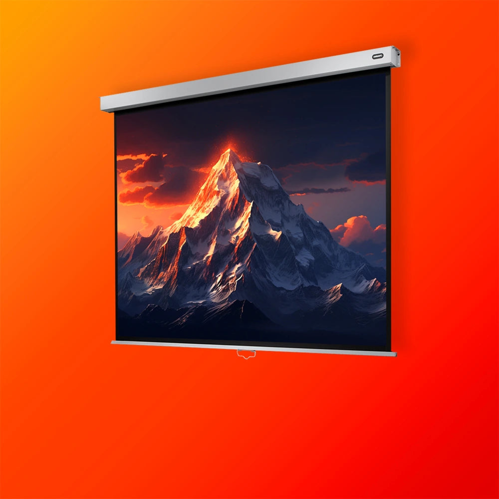 celexon manual projector screen, showing a projection of a icy mountain landscape, placed on an orange background
