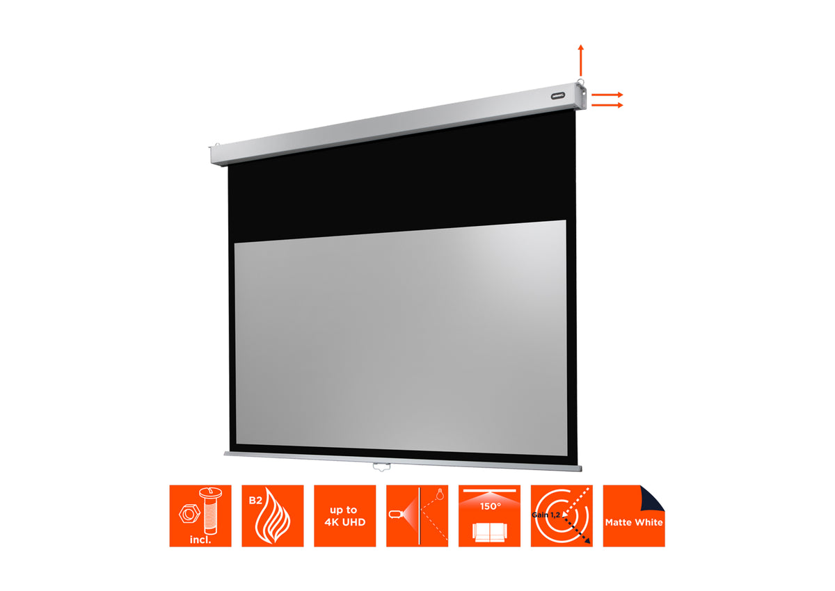 Frontal angled view of the celexon Projector screen Manual Professional Plus without projection, but with technical specs shown as orange icons