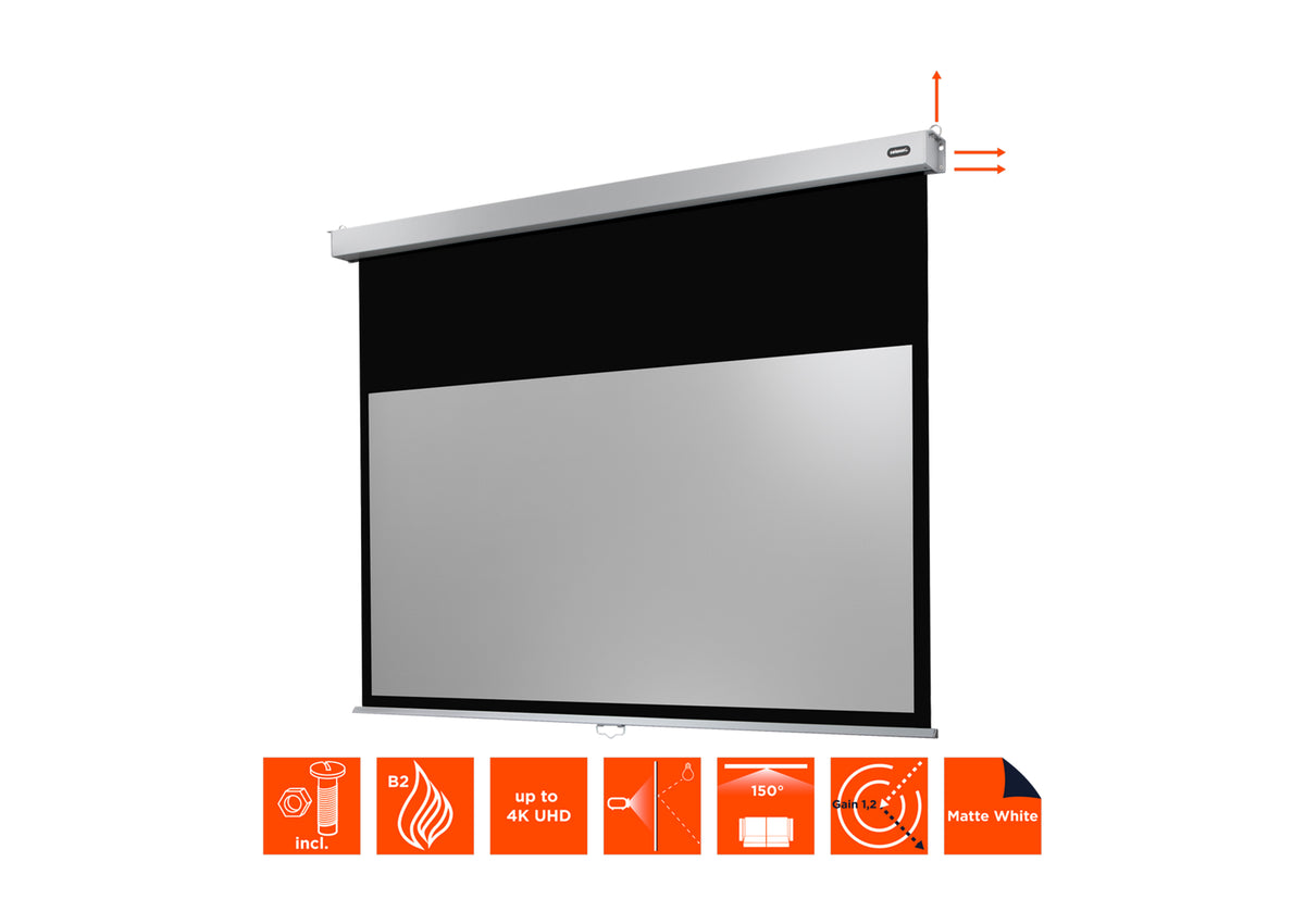 Frontal angled view of the celexon Projector screen Manual Professional Plus without projection, but with technical specs shown as orange icons