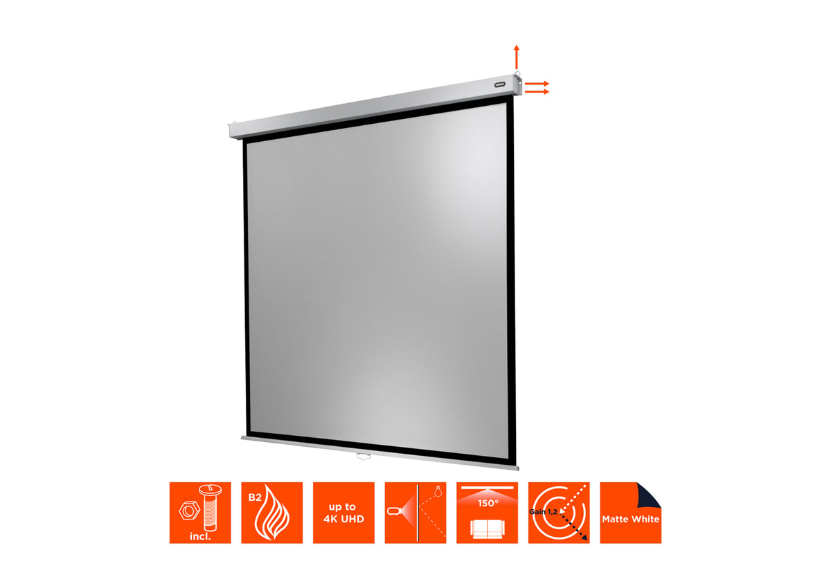 Frontal angled view of the celexon Projector screen Manual Professional Plus without projection, but with technical specs shown as orange icons