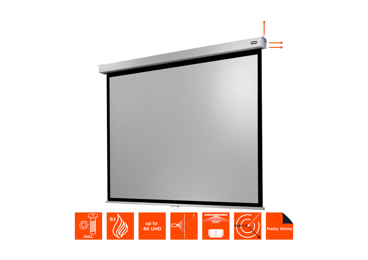 Frontal angled view of the celexon Projector screen Manual Professional Plus without projection, but with technical specs shown as orange icons