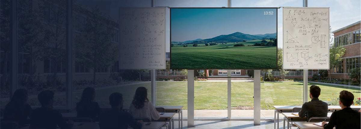 The image shows a modern classroom with large window fronts overlooking a well-maintained campus. In the center stands a large celexon Expert manual 2-column pylon system Adjust-W with a digital display showing a calm landscape of green fields and rolling hills, while traditional whiteboards on the left and right are covered with mathematical formulas and sketches. Several students are seated at tables, facing forward.