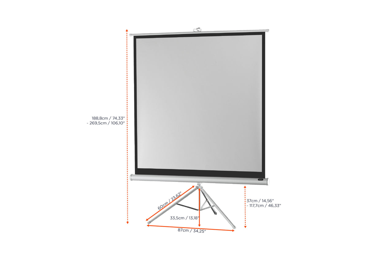 Front view of the celexon Tripod Economy Projector Screen – White Edition without projection, with the screen dimensions indicated