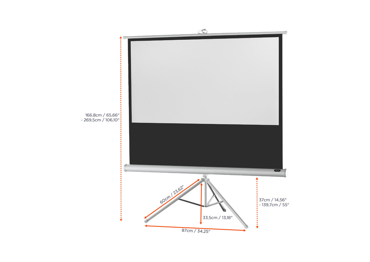 Front view of the celexon Tripod Economy Projector Screen – White Edition without projection, with the screen dimensions indicated