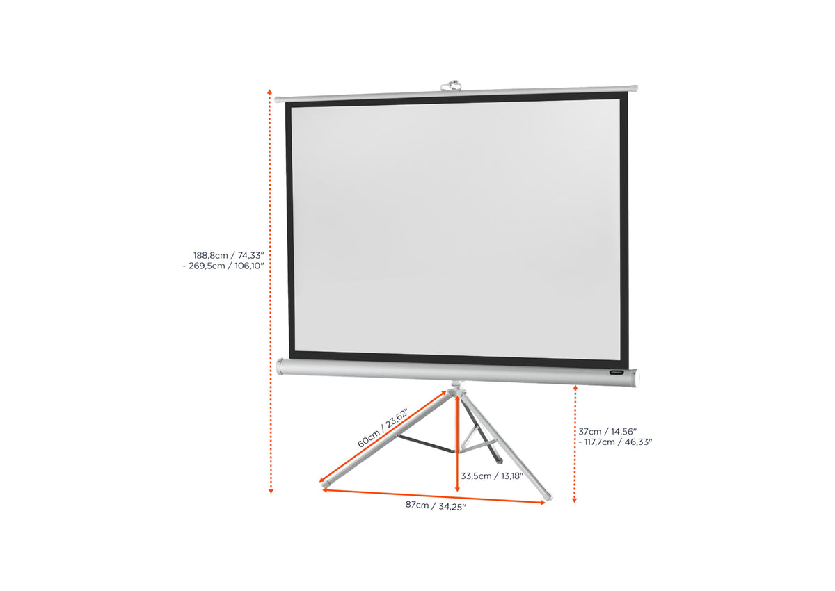 Front view of the celexon Tripod Economy Projector Screen – White Edition without projection, with the screen dimensions indicated