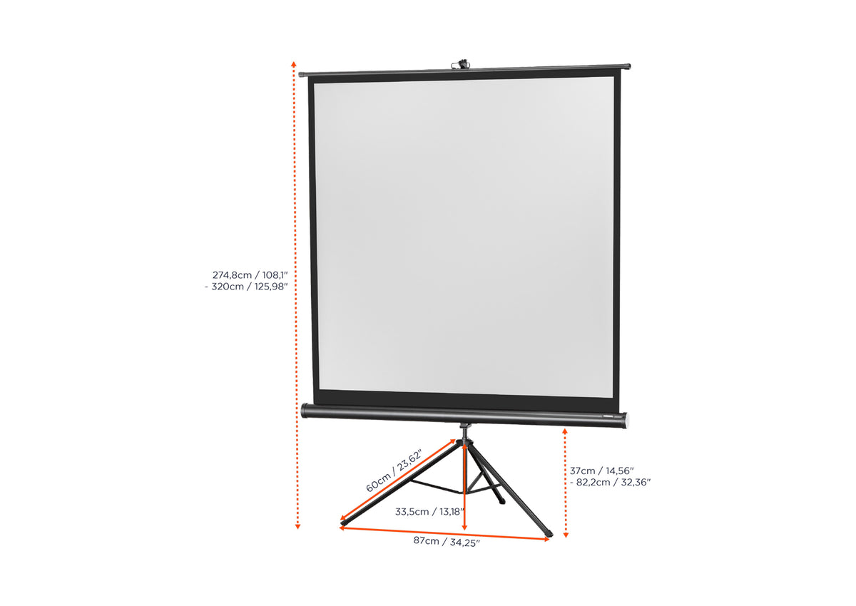 Front view of the celexon Tripod Economy Projector Screen without projection, with the screen dimensions indicated