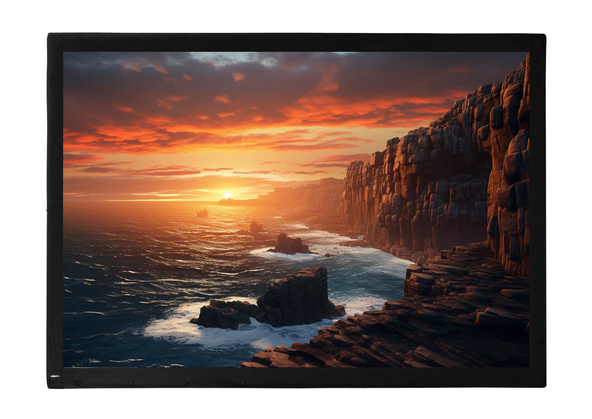 Front View of a fabric for the celexon Folding Frame Projector Screen Mobile Expert, front projection with a projection showing a sea coast with cliffs at sunset