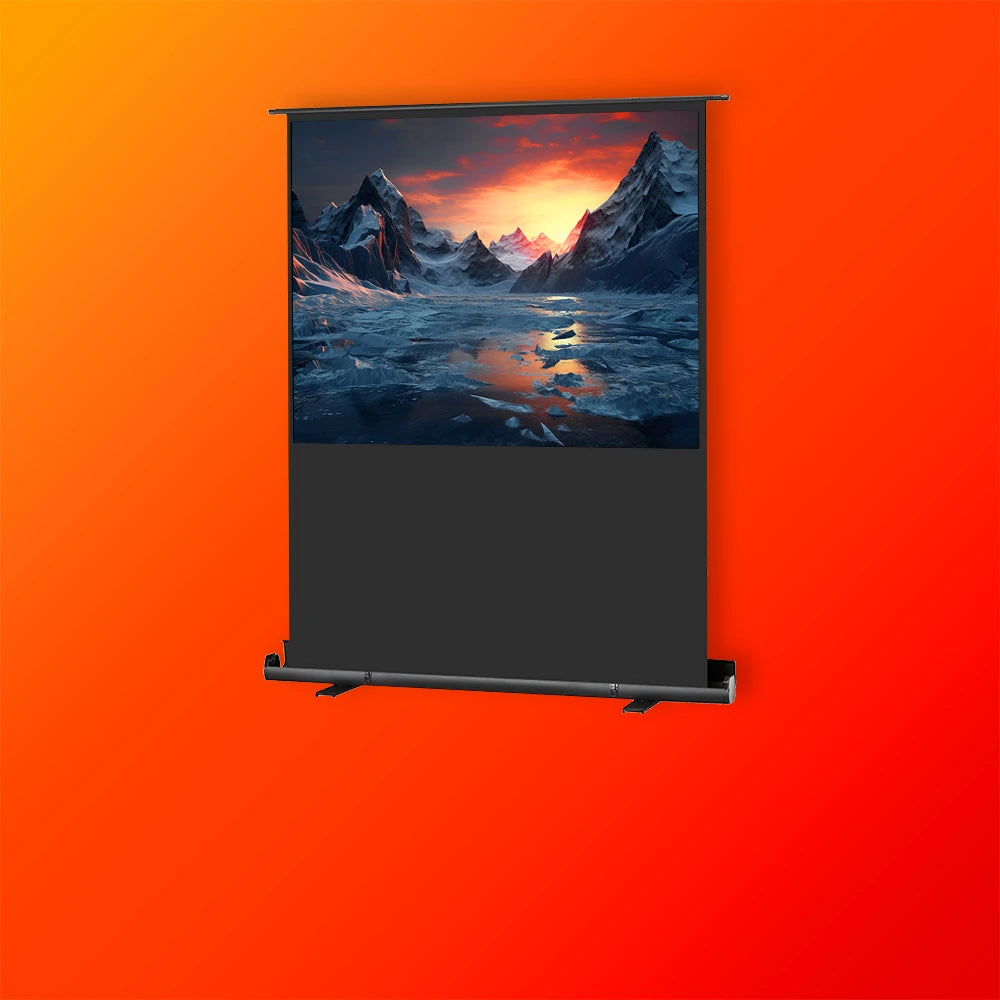 Frontal view of the celexon Projector Screen Ultramobile Plus Professional with a projection showing a Icy mountain landscape on an orange background