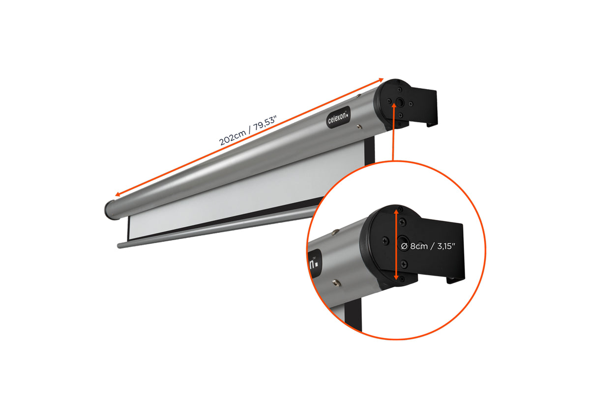 Frontal angled view of the celexon Projector screen Electric HomeCinema without projection, but with a close-up of the housing and screen dimensions indicated