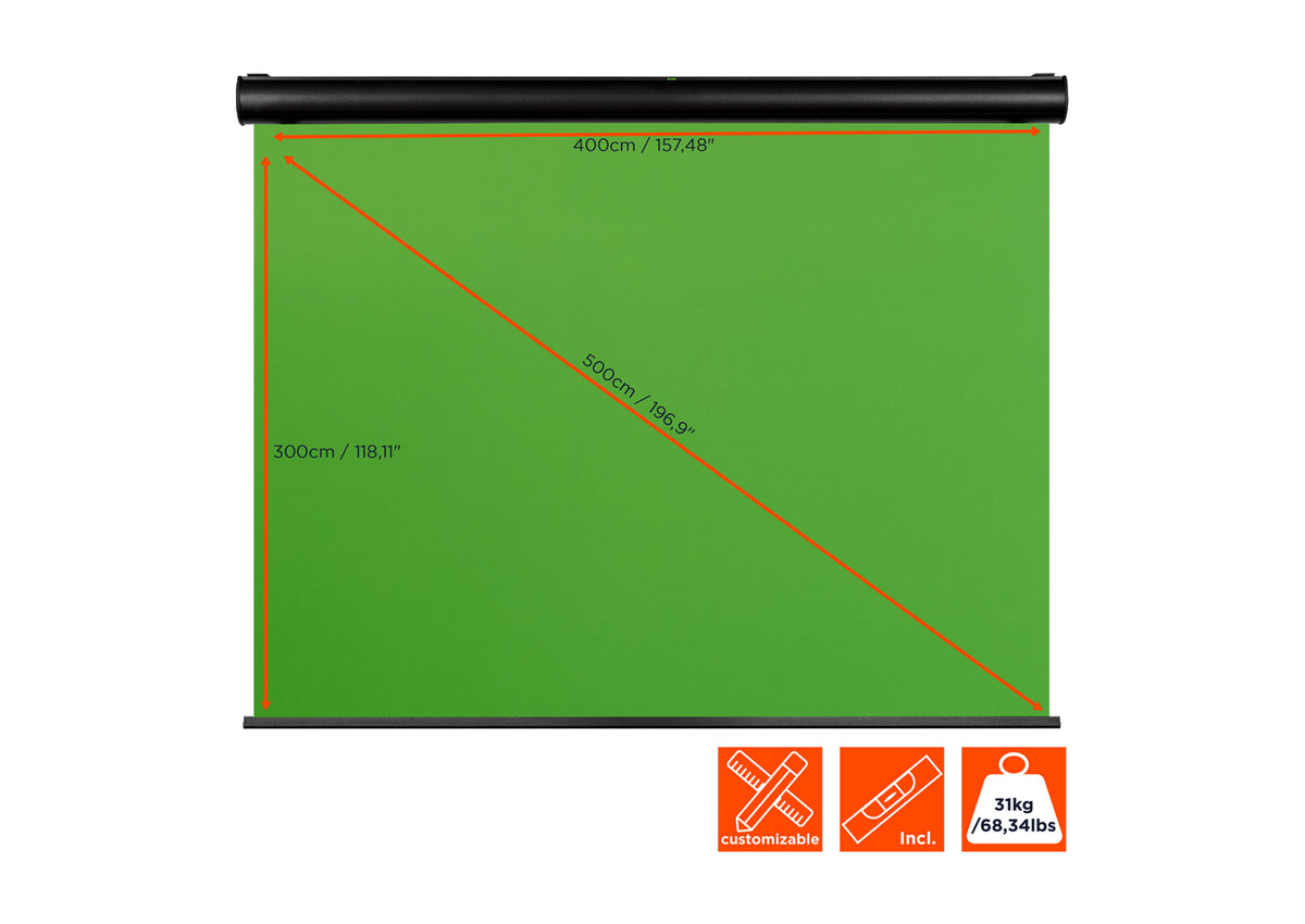 Front view of the celexon Electric Chroma Key Green Screen with the screen dimensions indicated and the weight specification.