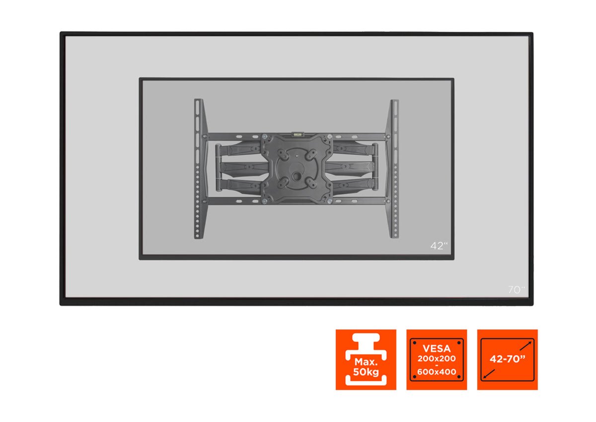 Frontal view of the celexon TV Mount Adjust-S70460 with suggested displays and technical specs shown as orange icons