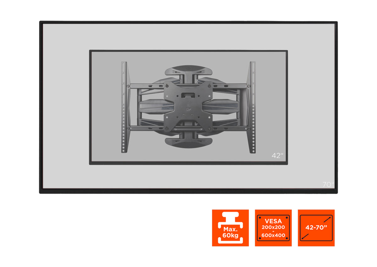 Frontal view of the celexon TV Mount Adjust-SRT70460 with suggested displays and technical specs shown as orange icons