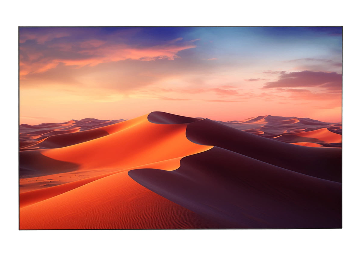 Frontal view of the celexon CLR HomeCinema UST High Contrast Frame Projector Screen V2.0 showing a projection of a desert landscape