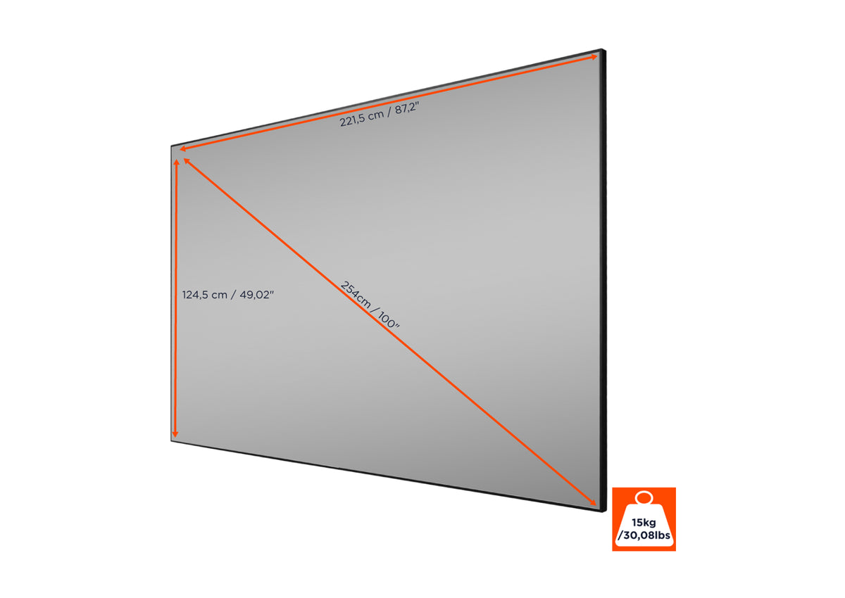 Side front view of the celexon CLR HomeCinema Performance UST high contrast fixed frame projector screen and screen dimensions