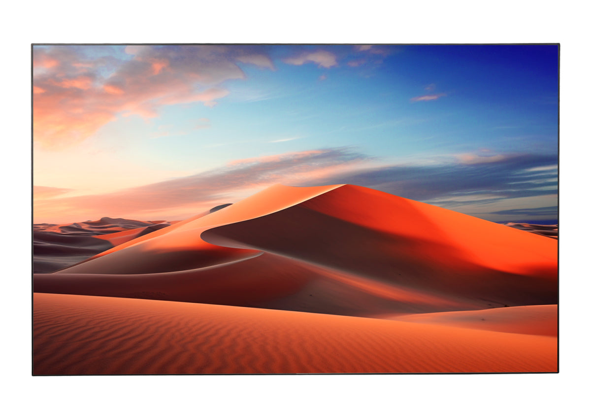 Frontal view of the celexon CLR HomeCinema Performance UST high contrast fixed frame projector screen showing a projection of a desert landscape