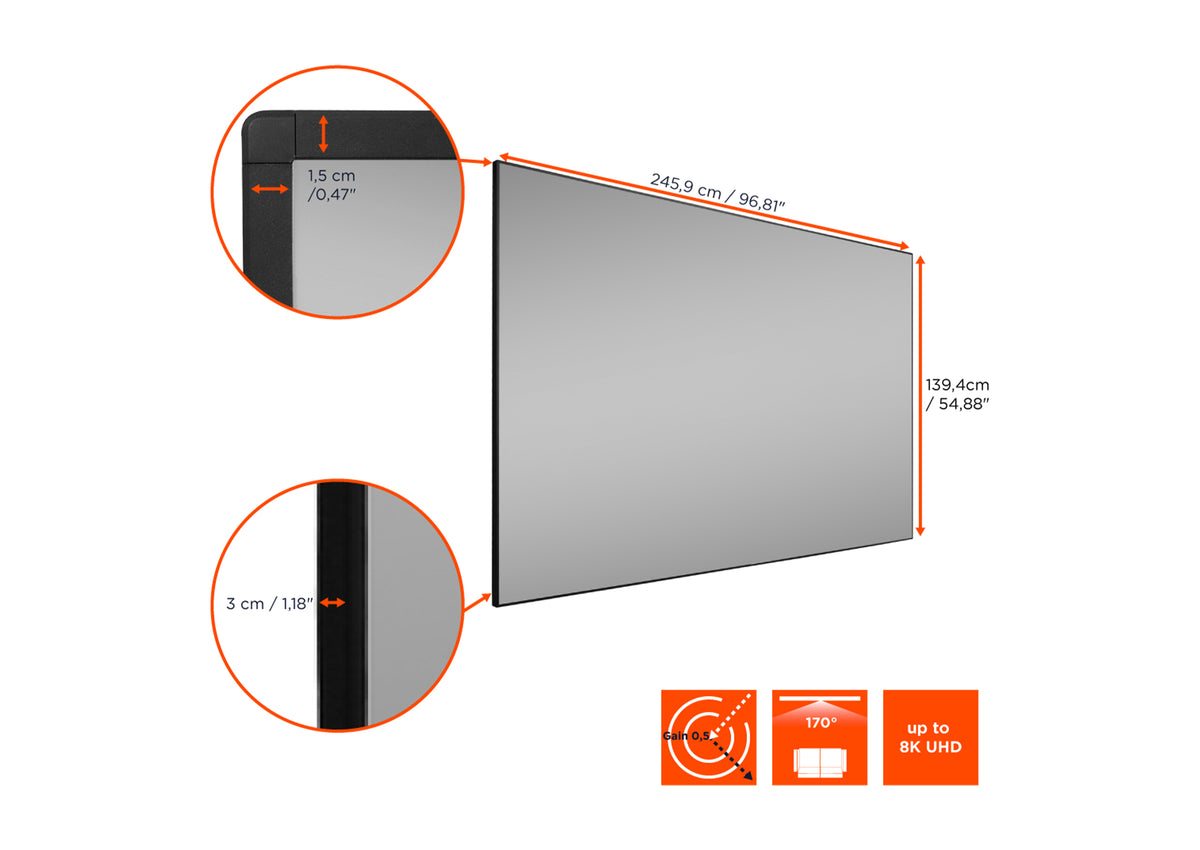 Frontal side view of the celexon CLR HomeCinema UST High Contrast Frame Projector Screen V2.0 with screen dimensions, close-up of the frame and technical specs shown as orange icons 