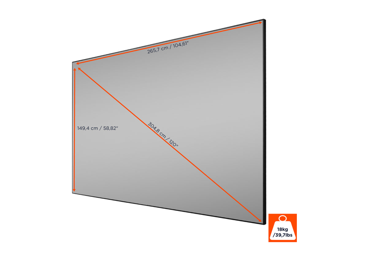 Frontal side view of the celexon CLR HomeCinema UST High Contrast Frame Projector Screen V2.0 with screen dimensions