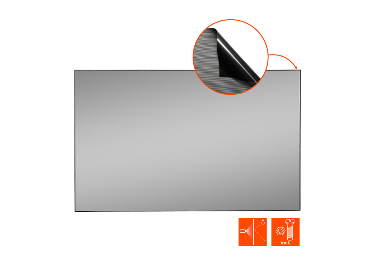 Frontal view of the celexon CLR HomeCinema UST High Contrast Frame Projector Screen V2.0 without projection but with a close-up of the fabric and technical specs as orange icons below