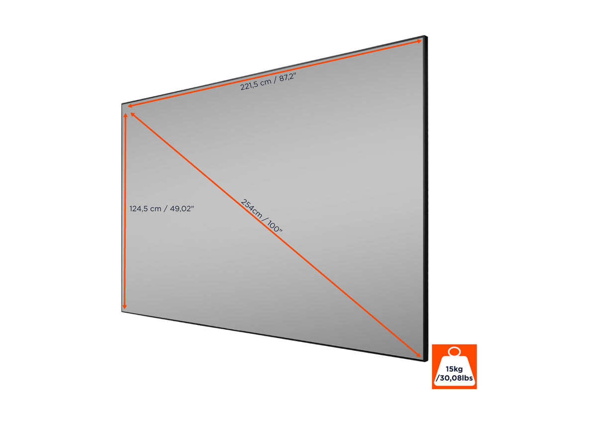 Frontal side view of the celexon CLR HomeCinema UST High Contrast Frame Projector Screen V2.0 with screen dimensions