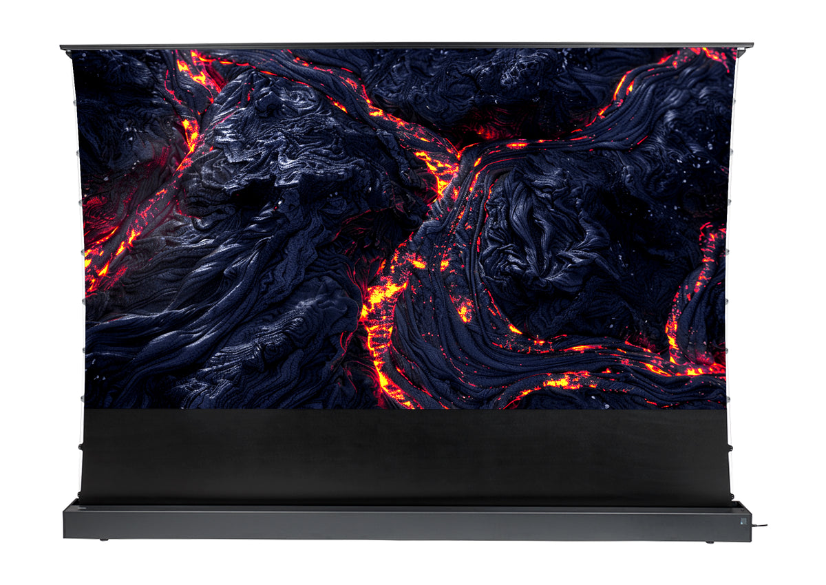 Front view of the extended celexon HomeCinema V2.0 floor-rising scissor screen in black, with a projection showing a close-up of volcanic rock with lava.