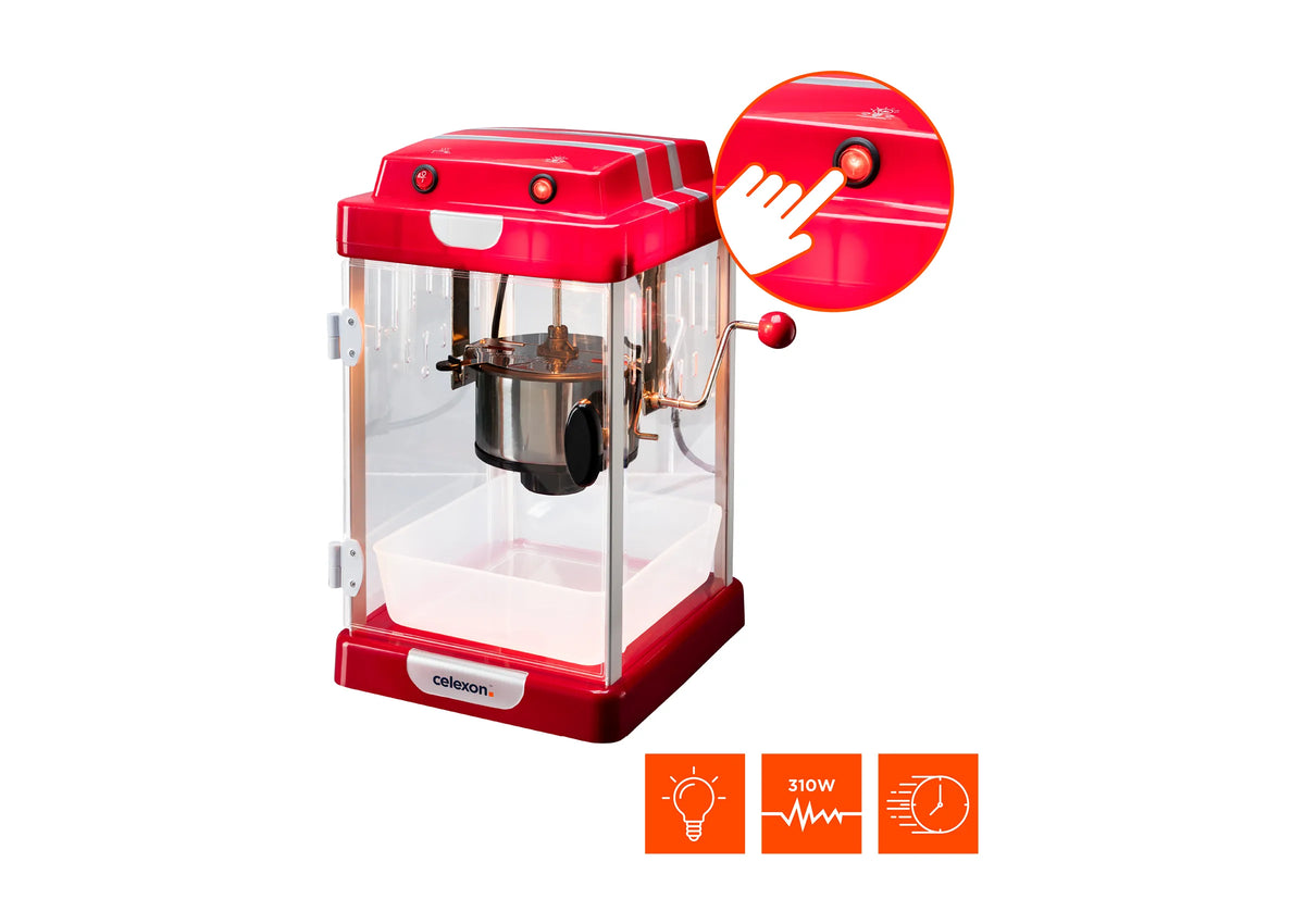 Frontal leicht angeschrägte Ansicht der celexon CinePopCP1000 Popcornmaschine mit technischen specs als orangene icons und einer Nahaufnahme des Betätigungsknopfes