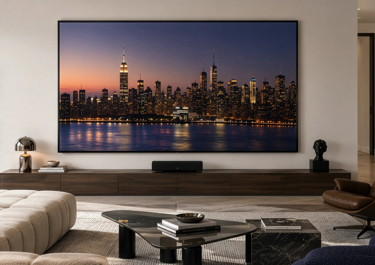 A modern living room featuring a celexon DARKVISION ALR Premium Plus Frame Screen SlimFrame Velvet, displaying an illuminated skyline at dusk. The room is stylishly furnished with a long wooden sideboard, a soundbar, modern seating, and a coffee table.