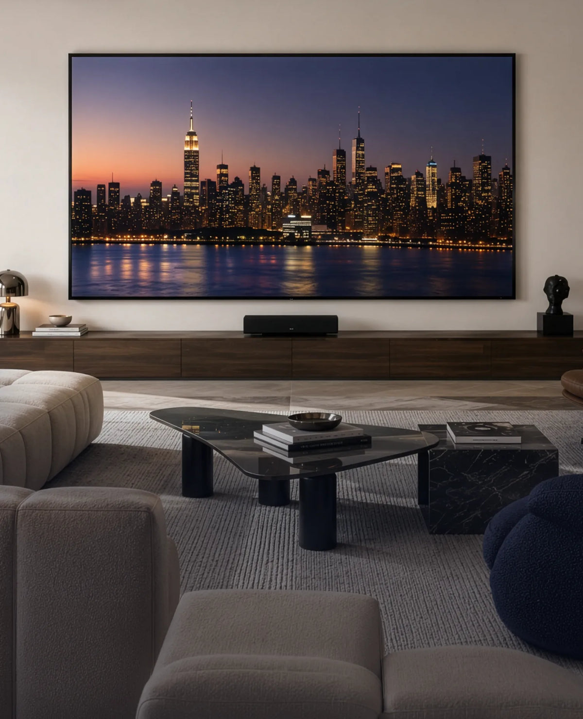 A modern living room featuring a celexon DARKVISION ALR Premium Plus Frame Screen SlimFrame Velvet, displaying an illuminated skyline at dusk. The room is stylishly furnished with a long wooden sideboard, a soundbar, modern seating, and a coffee table.