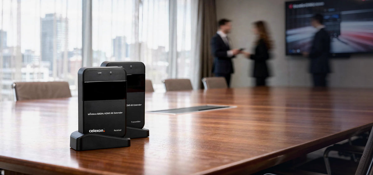 In the foreground, a celexon Expert Wireless HDMI Set WHD30M – 4K is placed on a large wooden table in a modern conference room, shown clearly and sharply. In the softly blurred background, two business professionals are conversing in front of floor-to-ceiling windows with a city view, while a presentation display is visible on the wall.