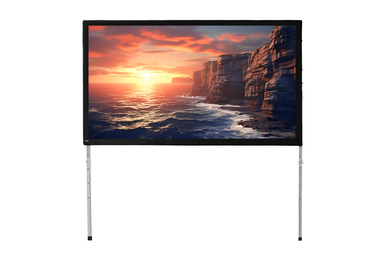 Front View of a fabric for the celexon Folding Frame Projector Screen Mobile Expert, front projection with a projection showing a sea coast with cliffs at sunset format 16-10