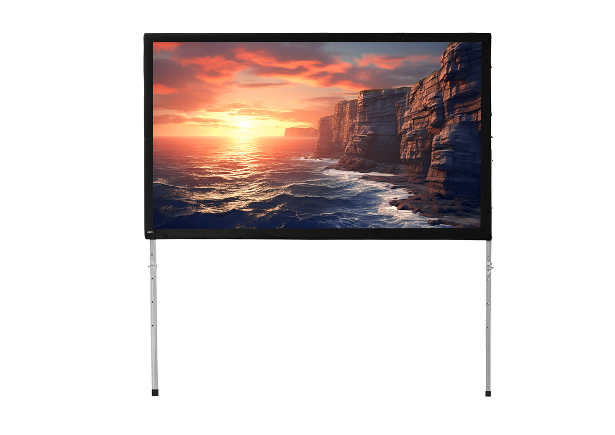 Front View of a fabric for the celexon Folding Frame Projector Screen Mobile Expert, front projection with a projection showing a sea coast with cliffs at sunset format 16-9