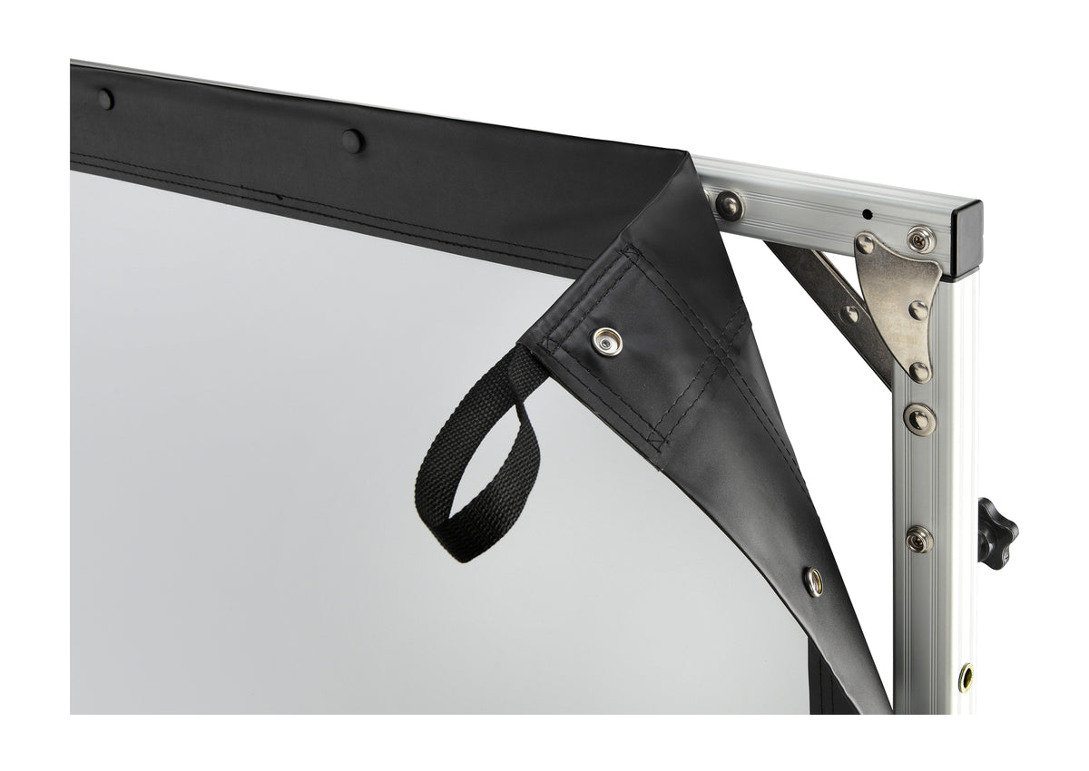 celexon Folding Frame Projector screen Mobile Expert, front projection close-up of a corner section to illustrate the screen fabric and frame